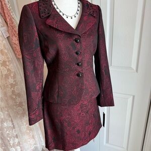 Chic Burgundy Floral Blazer and Skirt Ensemble